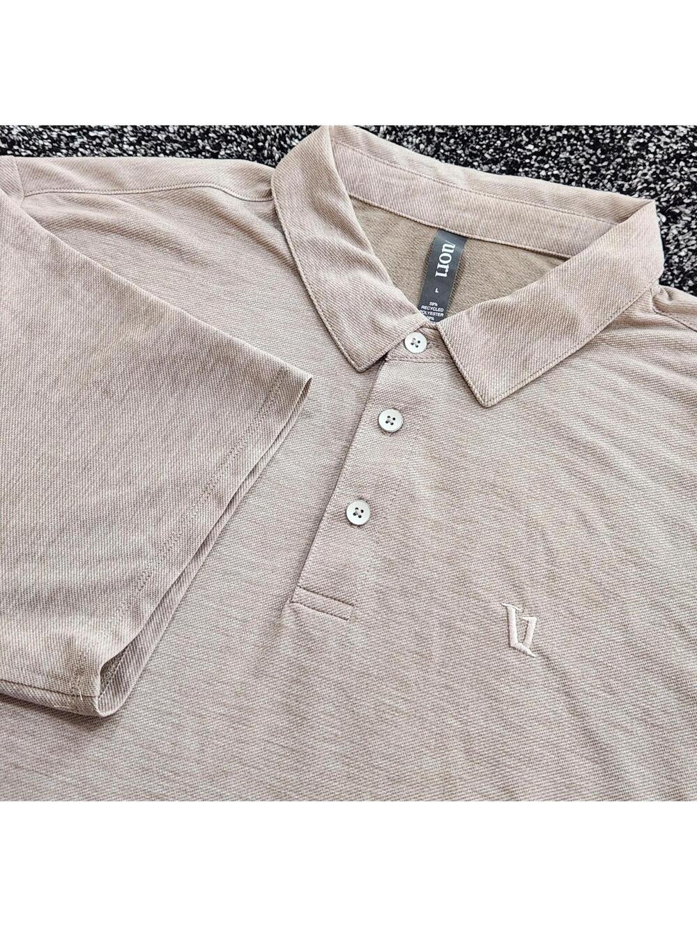 Vuori Knit Twill Polo Shirt Sz Large Camel Heather Performance Stretch Moisture